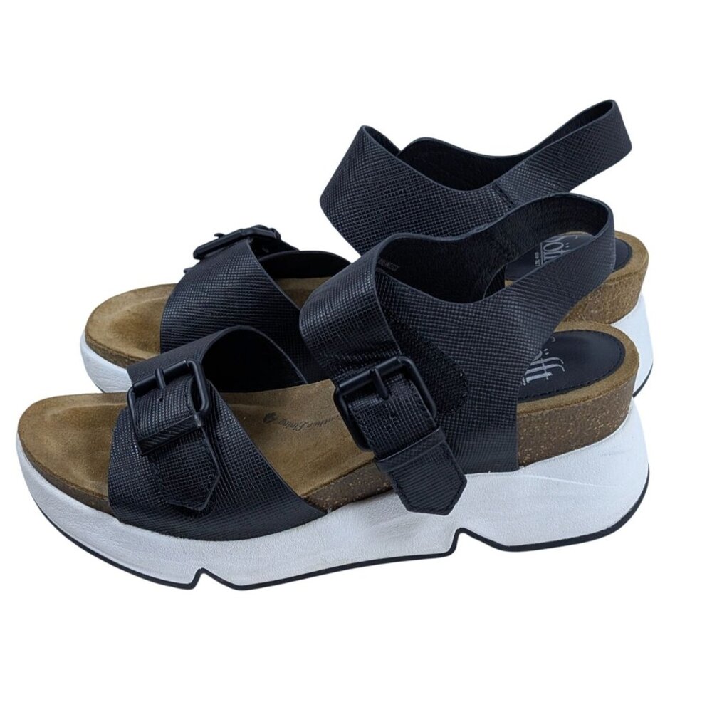 Söfft Castello Black‎ Leather Wedge Sandals Womens 8.5M Suede Lined Cork Sole
